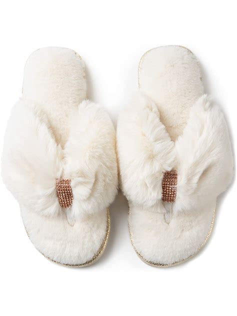 Rockdove Rockdove Womens Rhinestone Faux Fur Flip Flop House Slipper