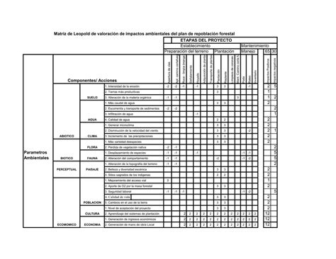 Matriz De Leopold De Valoración De Impactos Ambientales Del Plan