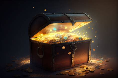 Treasure Chest Overflowing With Gold Coins Shining In The Light Stock