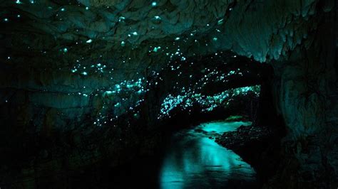 Cave Water Night Waitomo Glowworm Caves New Zealand Turquoise Hd