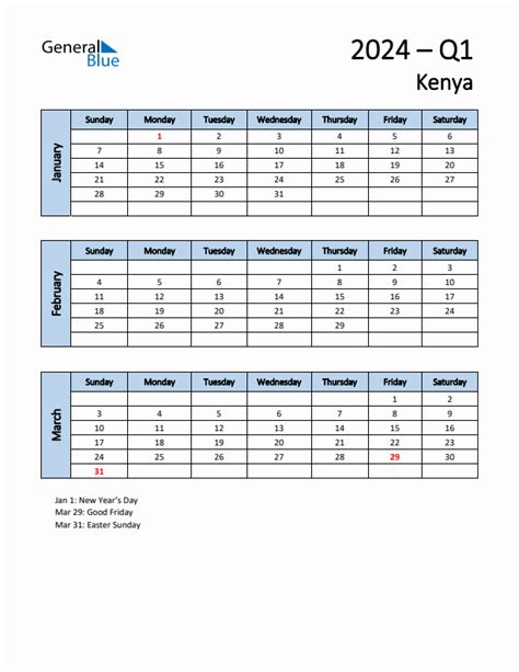Q1 2024 Quarterly Calendar With Kenya Holidays Pdf Excel Word