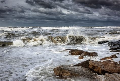 Stormy Sea The Waves Break On Rocks Stock Image Image Of Motion