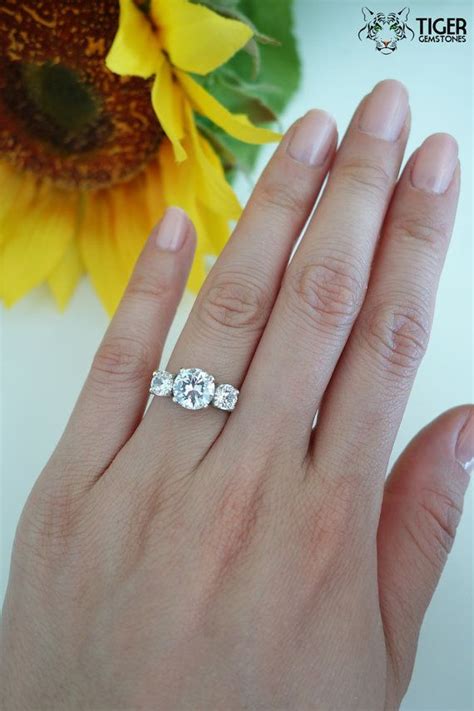 Size 525 14k White Gold 3 Carat Total 3 Stone Round Engagement Ring