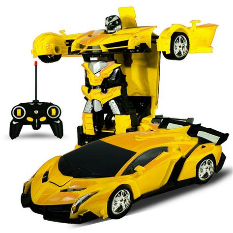Kids Rc Cars Yellow Transform Car Robot One Button Transformation