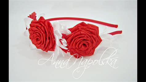 Обруч з червоними трояндами канзаши Ободок с красными розами Red