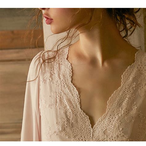 retro court sexy lace v neck nightdress women s mesh modal long sleeve pajama home clothes buy