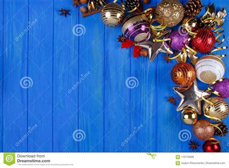 Christmas New Year Holidays Composition On Blue Wooden Backgrou Stock