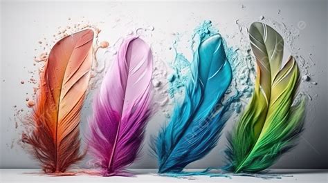 Inks And Colors On Colorful Feathers With A Splash Background 3d