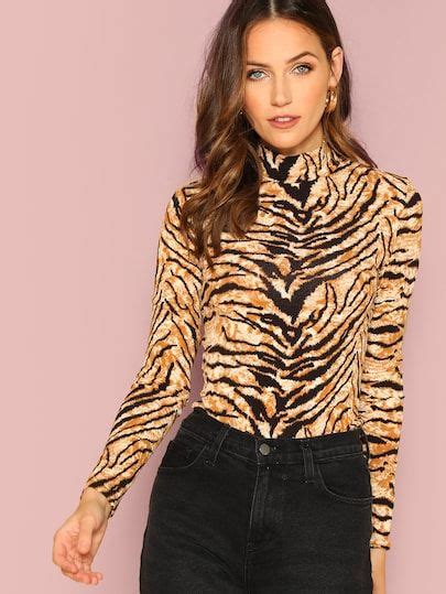 Mock Neck Tiger Print Fitted Top Tiger Print Tops Workout Tops