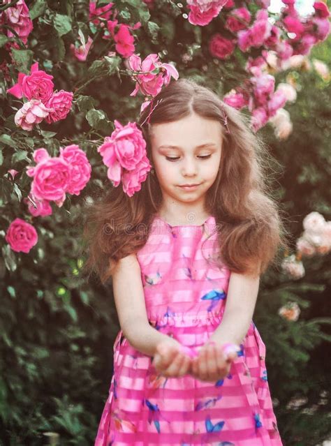 Beautiful Little Girl With Roses Outdoors Stock Image Image Of