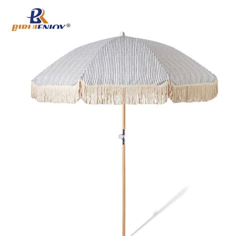 Premium Beach Umbrella Wood Pole Cotton Tasseltrim With Bag