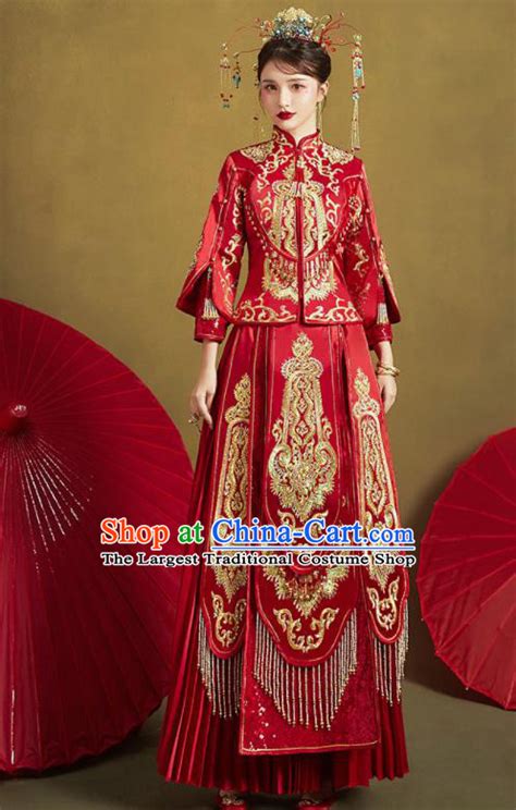Chinese Traditional Embroidered Xiu He Suit Ancient Wedding Red Dress