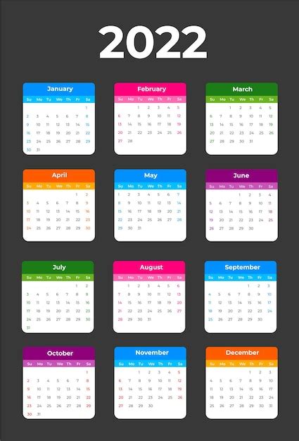 Calendário Colorido 2022 Semana Com Início No Domingo Modelo De