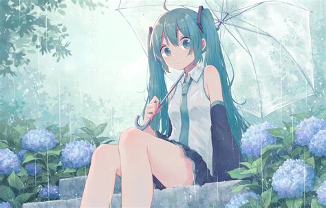 Wallpaper Girl Rain Umbrella Steps Vocaloid Hatsune Miku