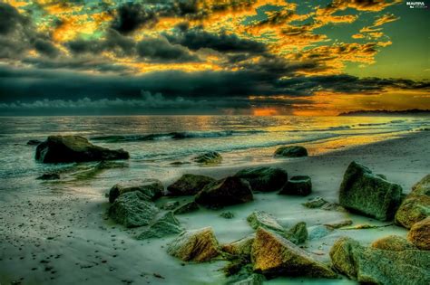 Sea Clouds Great Sunsets Stones Beautiful Views Wallpapers 2560x1705