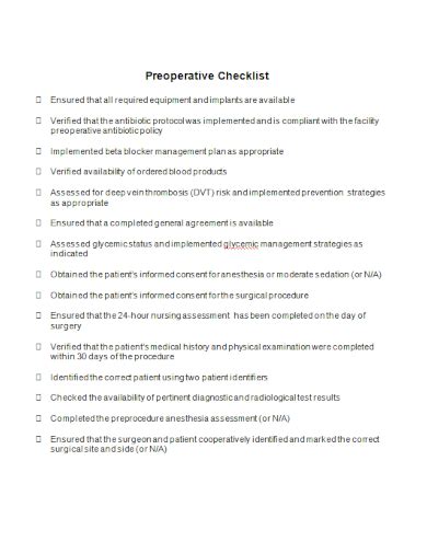 Free 10 Preoperative Checklist Samples Surgical Management Nursing