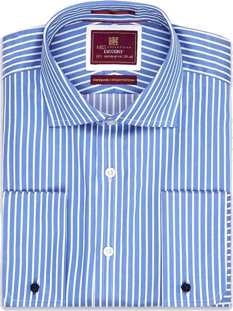 Marks And Spencer Mens Luxury Superior 2 Fold Pure Cotton Rrp £45 Striped Shirt 4820 Mands Blue
