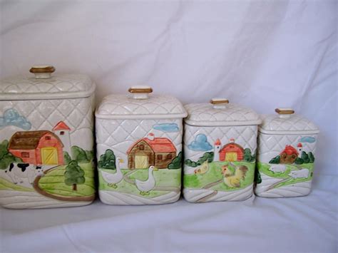 Vintage Ceramic Farm Kitchen Canisters Set Of 4 White Quilted