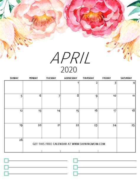 Free Printable Calendar 2020 In Pretty Florals With Notes