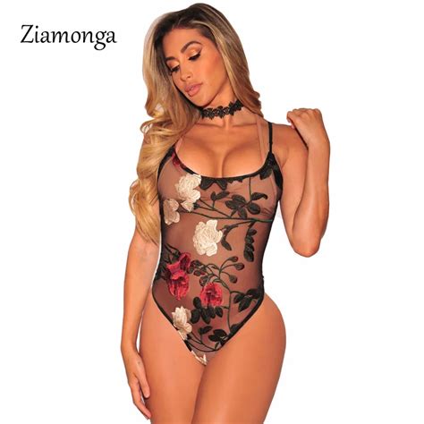 Ziamonga Bodysuit Women Body 2018 Sexy See Through Round Collar Floral Embroidery Mesh Strapped