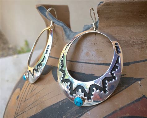 Sterling Silver Overlay And Turquoise Hoop Earrings For Women Signed