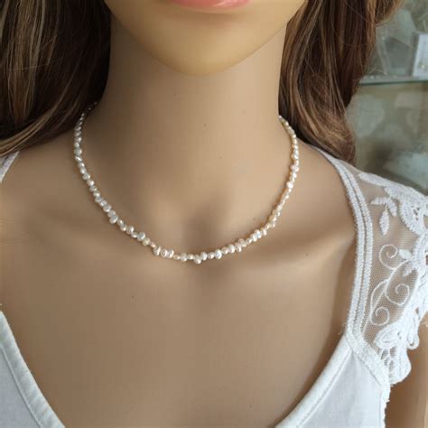 Tiny Freshwater Pearl Choker Necklace Sterling Silver Or Gold Etsy Uk