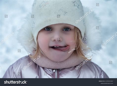 Winter Portrait Happy Little Girl Snowy Stock Photo 2170331567