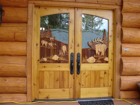 Double Doors Wcarved Elk And Etched Glass Wooden Front Doors Rustic