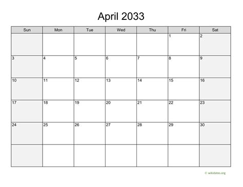 April 2033 Calendar With Weekend Shaded