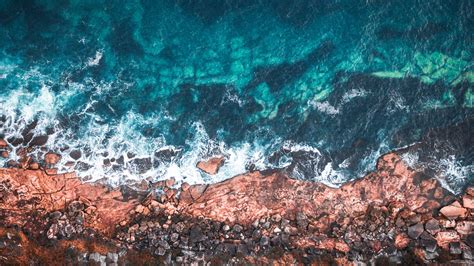 Aerial View Of Ocean Shore Rocks Stones Blue Waves Hd Ocean Wallpapers