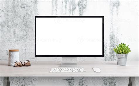 Computer Display On Office Desk With Isolated Screen For Mockup Wep