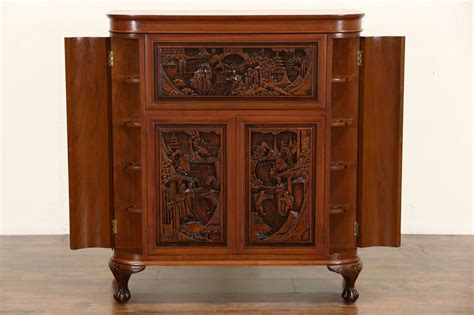 Chinese Hand Carved Teak Vintage Bar Or Liquor Cabinet And Server Cabinet