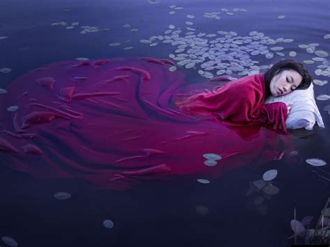 wallpaper asian girl sleep in lake water red blanket 3840x2160 uhd 4k picture image
