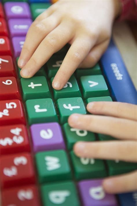 Child Typing On Colourful Computer Keyboard Stock Image Image Of
