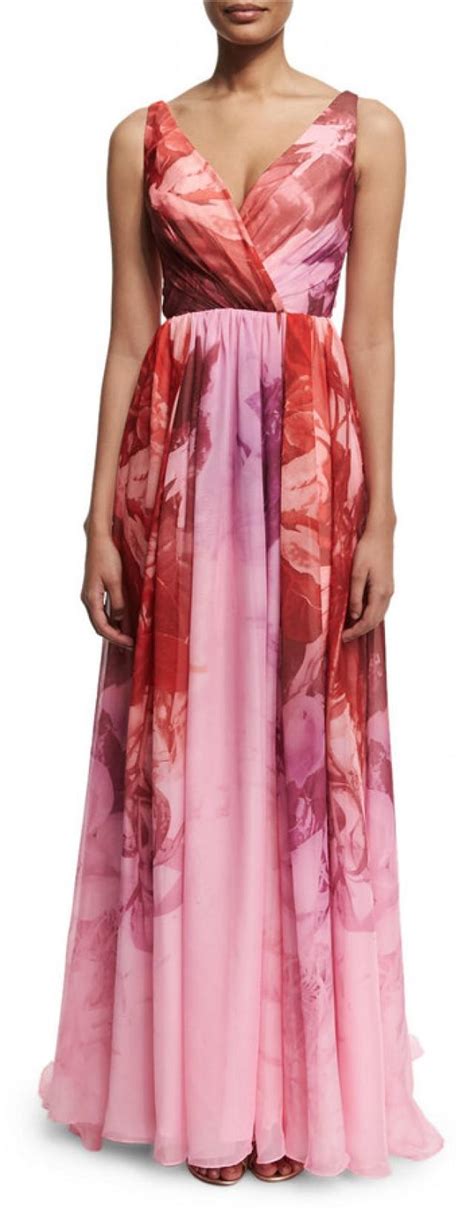 Ml Monique Lhuillier Sleeveless Floral Print Ombre Gown Sorbet