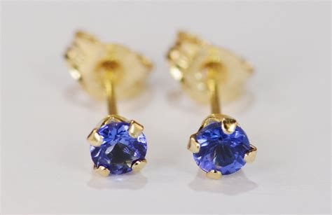 Tanzanite Earrings Kt Yellow Gold Mm Round Cutgenuine Natural Mined