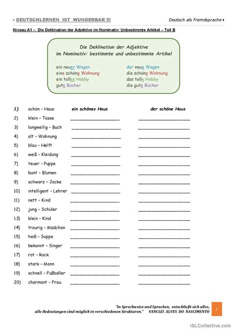 A1 Deklination der Adjektive im No Deutsch DAF Arbeitsblätter pdf doc