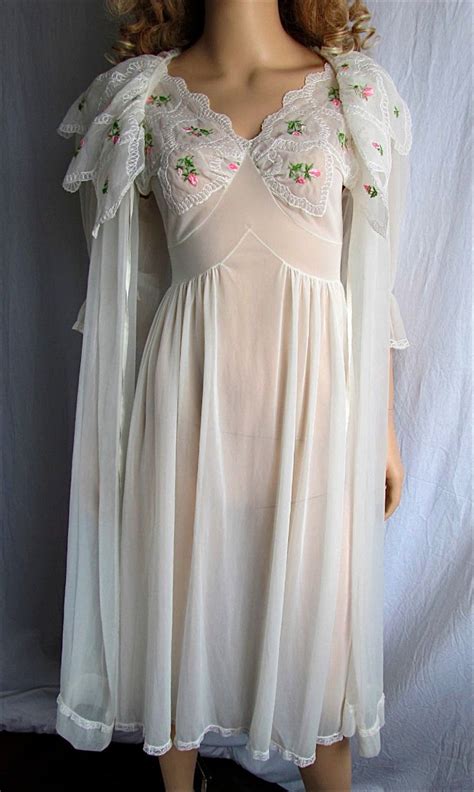 vintage peignoir nightgown set xs sm bridal lingerie honeymoon etsy