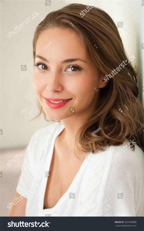 Close Portrait Tanned Brunette Summer Beauty Stock Photo