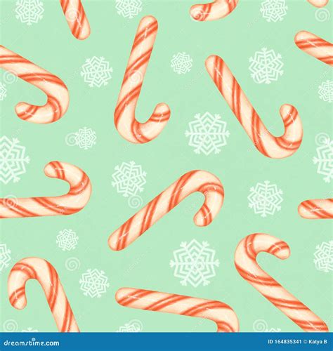 Red And White Striped Candy Canes And White Snowflakes On A Blue
