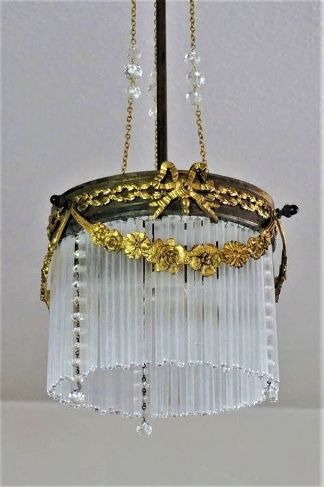 French Art Nouveau Gilt Bronze Brass Chandelier With Glass Rods Crystal