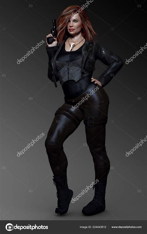 Urban Fantasy Sci Older Woman Fighter Warrior Mage Black Leather Stock Photo By Ravven