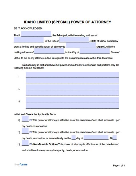 Free Idaho Limited Special Power Of Attorney Form Pdf Word