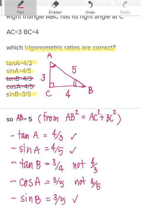 9.3.4.2 apply the trigonometric ratios sine, cosine and tangent to solve problems, such as determining lengths and areas in right triangles and in figures that can be decomposed into right triangles. Right triangle ABC has its right angle at C AC=3 BC=4 ...