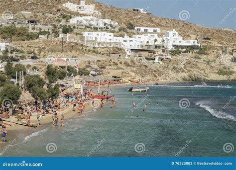 Mykonos Greece August Paradise Beach Filled With Tourists