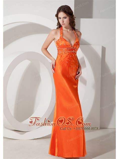 Modest Orange Column Sheath Halter Beading Prom Dress Floor Length