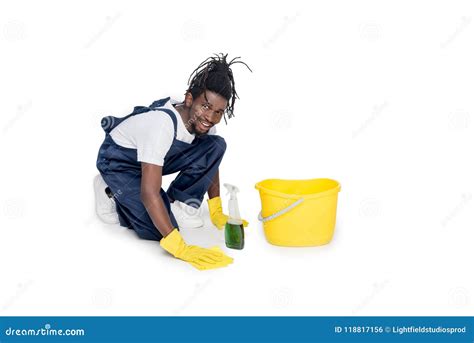 African American Cleaner Washing Floor And Smiling Stock Photo Image