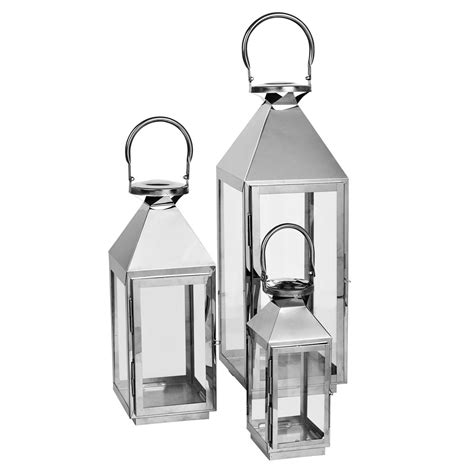 Set Of 3 Metal And Glass Lanterns Silver Achica Gold Glass Indoor