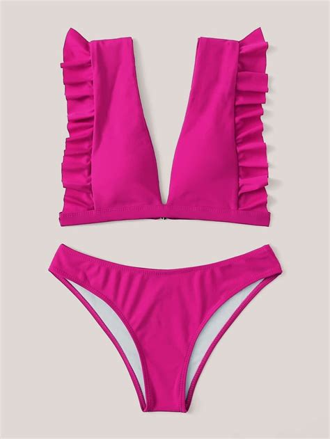 pink frill trim ruffle swimsuit top with cheeky bikini bottom bikinis ruffled bikini ruffle