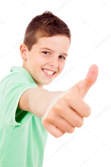 Portrait Of Beautiful Little Boy Giving You Thumbs Up Over White ⬇